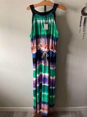 Calvin Klein Studded Halter Tie Dye Maxi Dress Boho Beach Summer NWT Plus Size
